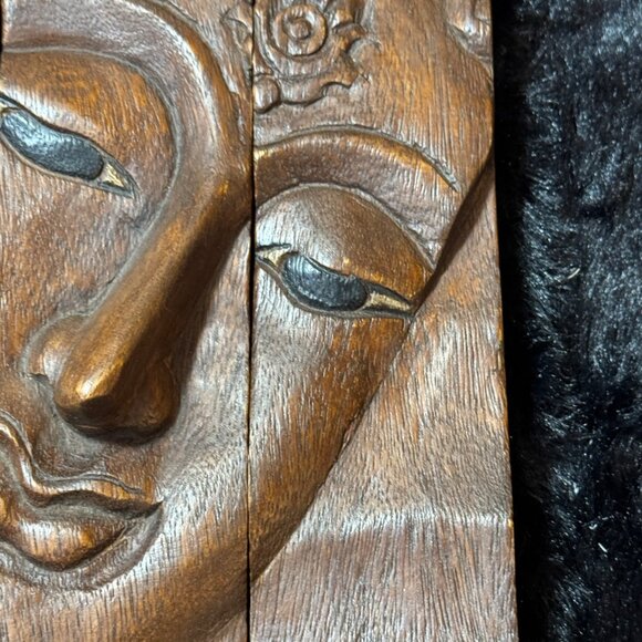 Vintage Hand-Carved Wood Transending Wisdom Buddha Face Wall Art 3-Piece Panel - Picture 5 of 7